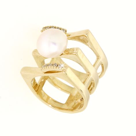 Anello zirconi in oro 14kt con perla di fiume.Wedding collection.Designer Gabriela Rigamonti