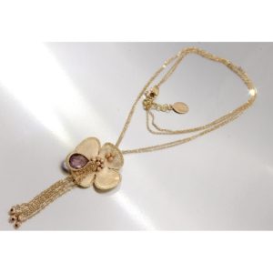 Yellow gold flower necklace with amethyst gemstone.