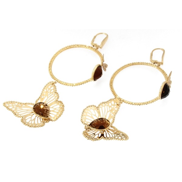 Yellow gold butterfly earrings with smoky topaz gemstone